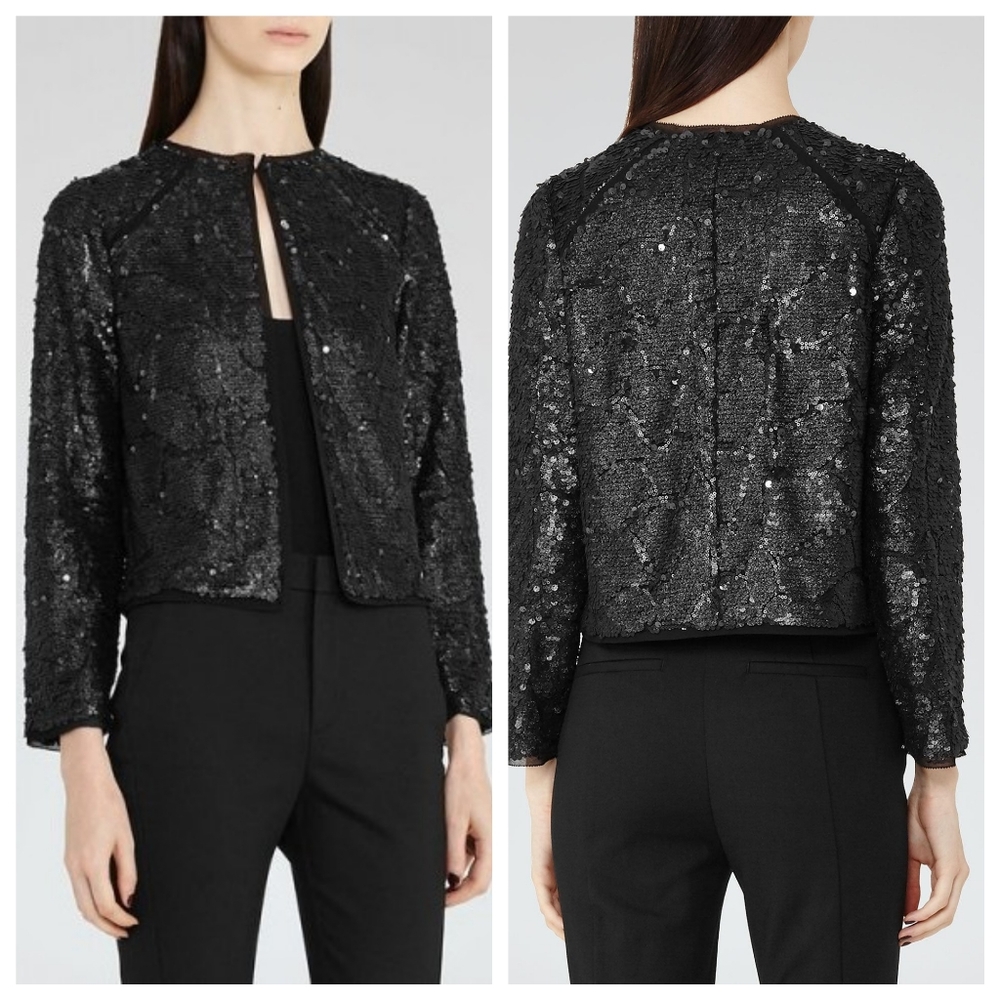 NEW REISS Dinah Gunmetal Embellished Sequin Jacket